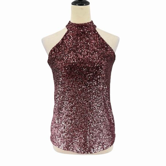 Cable & Gauge Tops - Cable & Gauge NEW Wine Maroon Sequin Halter Neck Glam Party Night Out Disco Top